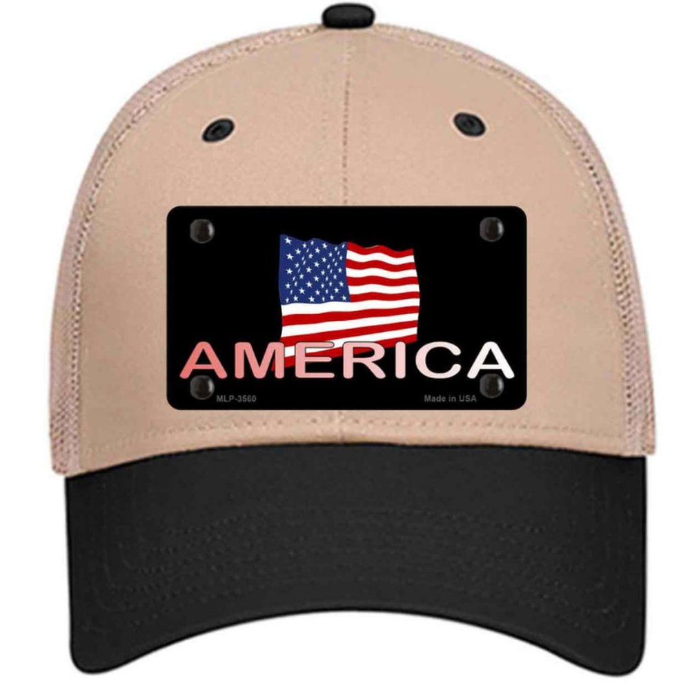 American Flag on Black on Metal Trucker Mesh Snapback Hat - Khaki
